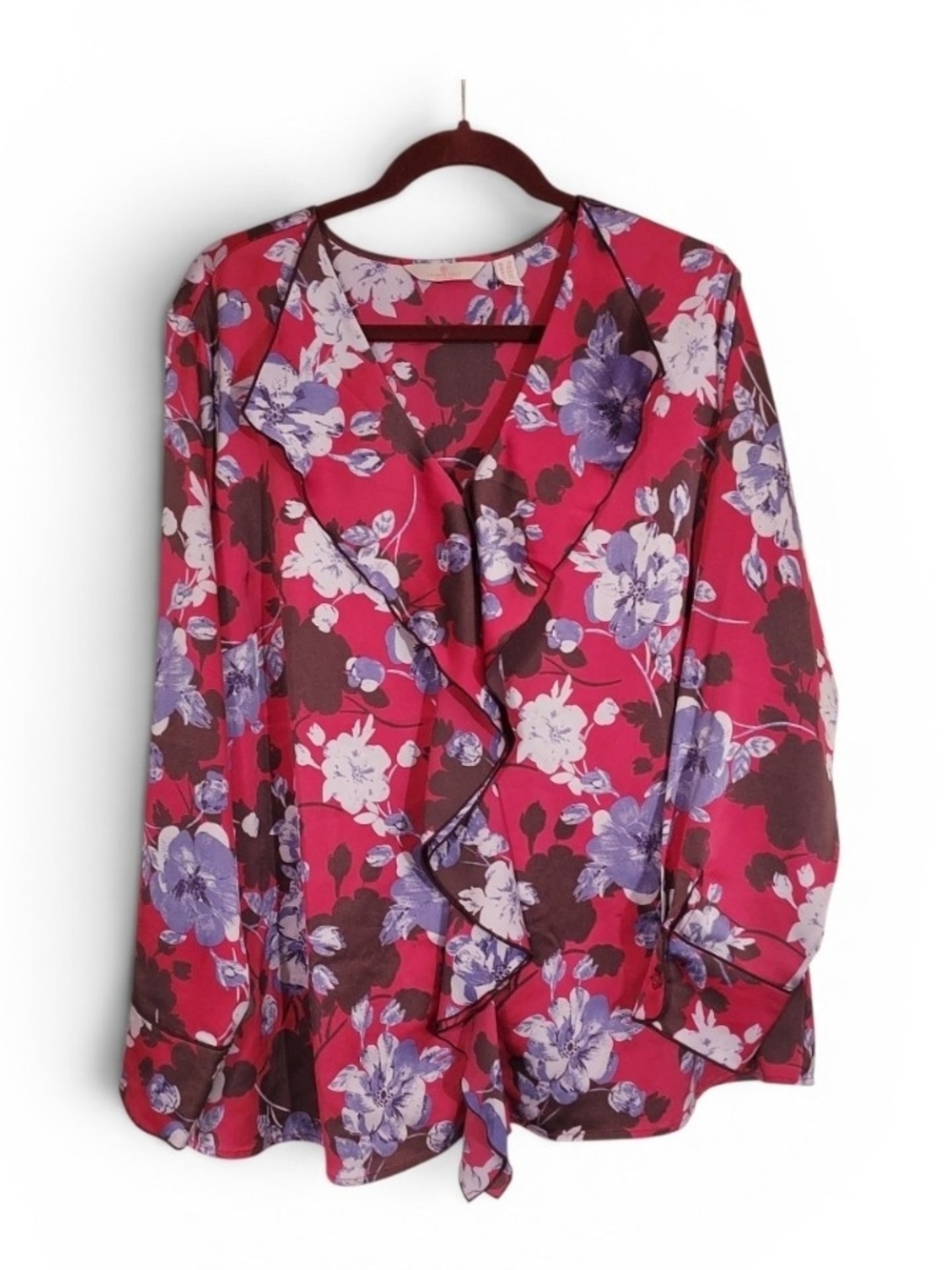 Laurie Felt Vivid Pink Floral Ruffle Front V-Neck Blouse Top Plus Size 2X